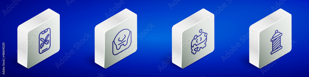 Set Isometric line Barber online service or platform, Mustache and beard, of soap with foam and shop pole icon. Vector
