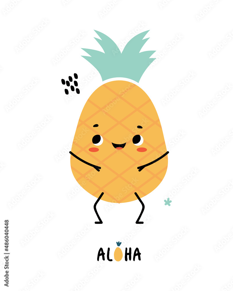 Cute funny pineapple fruit character. Hand drawn cartoon kawaii ...