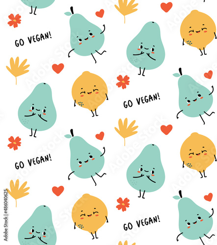 Set of cute kawaii fruits characters with face. Summer sale banner with cartoon doodle funny fruit. Organic food collection. Baby clipart. Seamless pattern. Go vegan