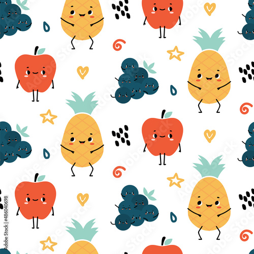 Set of cute kawaii fruits and berries characters with face. Summer sale banner with cartoon doodle funny fruit and berries. Organic food collection. Baby clipart. Seamless pattern