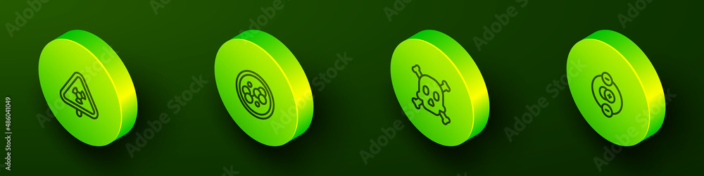 Set Isometric line Triangle with radiation, Molecule, Bones and skull warning and Atom icon. Vector Set Isometric line Triangle with radiation, Molecule, Bones and skull warning and Atom icon. Vector