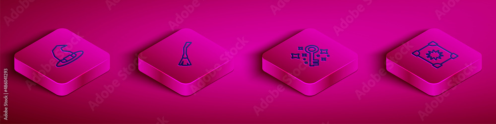 Set Isometric line Witch hat, Witches broom, Old magic key and Ancient book icon. Vector Set Isometric line Witch hat, Witches broom, Old magic key and Ancient book icon. Vector