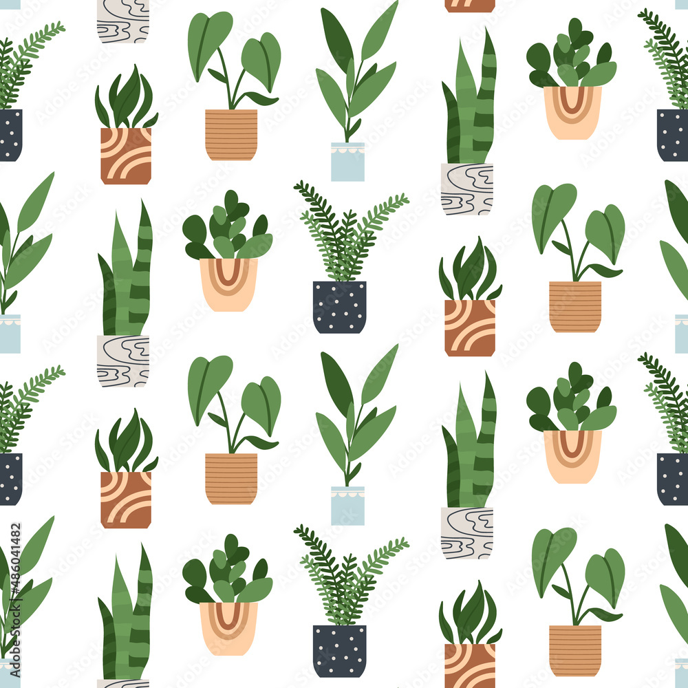 Urban jungle house. Set of cute plants in pots, planters, cacti, tropical leaves. background, seamles pattern print. House interior decor elements. Houseplants growing, Home gardening Urban jungle house. Set of cute plants in pots, planters, cacti, tropical leaves. background, seamles pattern print. House interior decor elements. Houseplants growing, Home gardening