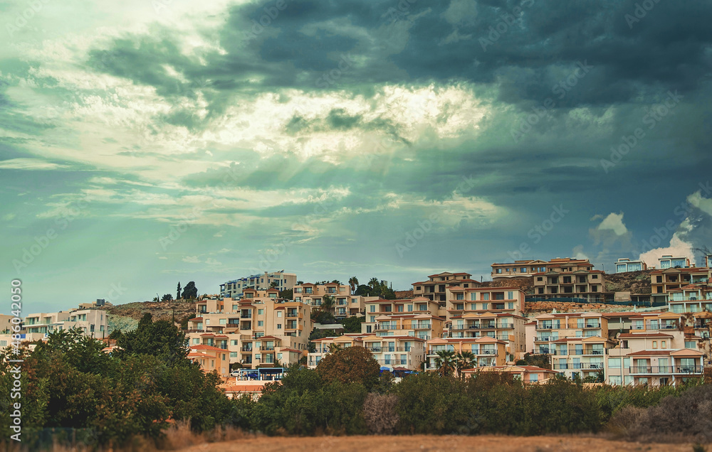 Mountainside houses in Paphos, Cyprus.
