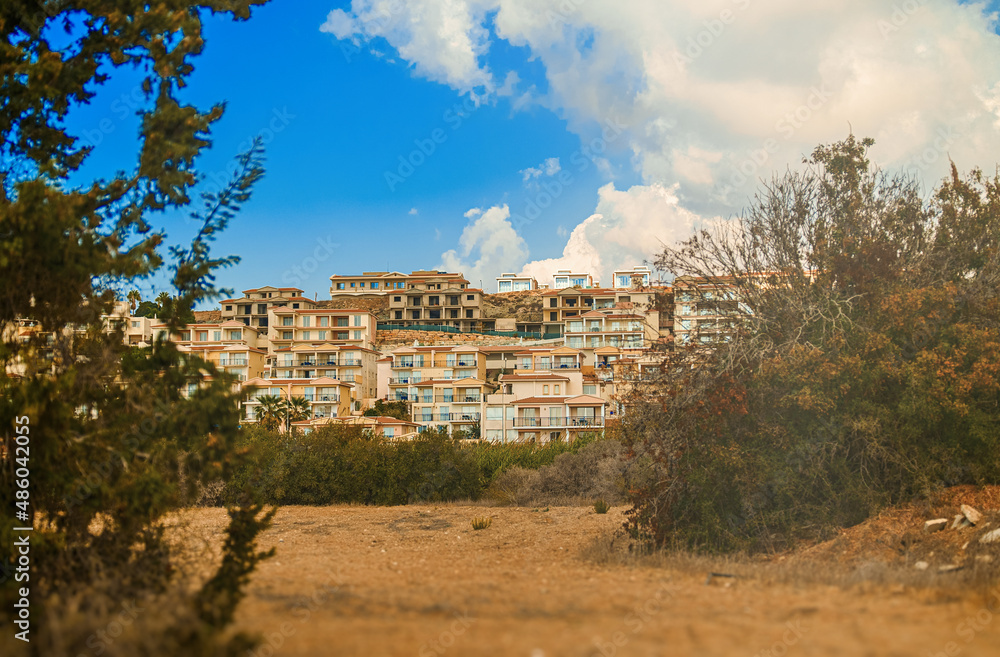 Mountainside houses in Paphos, Cyprus.