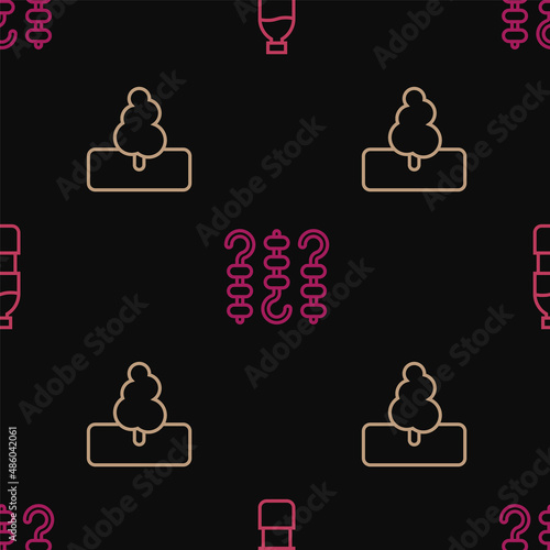 Set line Bottle of water, Tree and Grilled shish kebab on skewer on seamless pattern. Vector