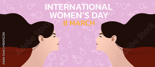 International Women's Day. Vector illustration of five happy smiling diverse women standing together.	