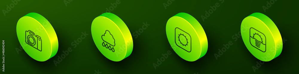 Set Isometric line Photo camera, Cloud with rain, Sun and Sunrise icon. Vector Set Isometric line Photo camera, Cloud with rain, Sun and Sunrise icon. Vector