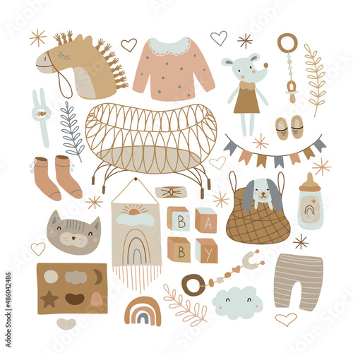 Set of cute boho baby objects in Scandinavian style. Cartoon doodle kids clipart for baby shower invitation card, nursery room decor, poster. Editable vector illustration.