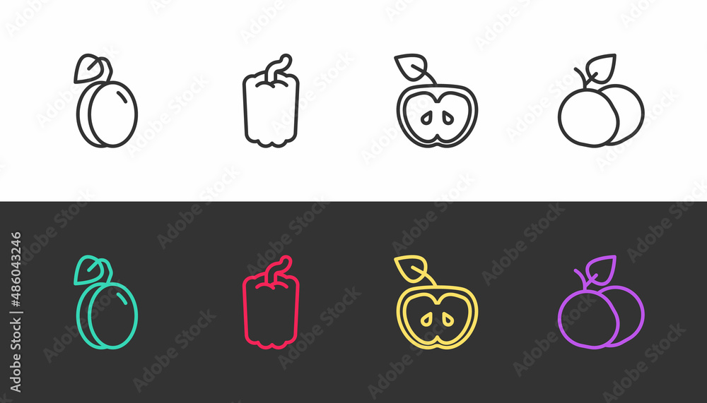 Set line Plum fruit, Bell pepper, Apple and Mango on black and white. Vector Set line Plum fruit, Bell pepper, Apple and Mango on black and white. Vector