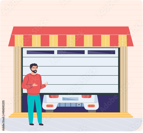 Man stands near garage with automatic gates. Vehicle storage space, room for cars. Gates with lifting mechanism, place for automobile parking. Car near garage in modern residental building