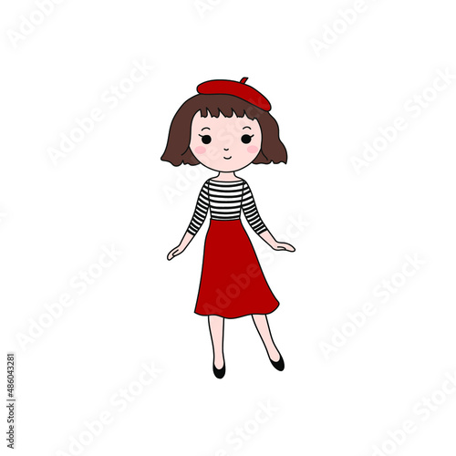 Girl dressed in french style, red beret, striped long sleeve, red skirt, Paris lifestyle fashion girl