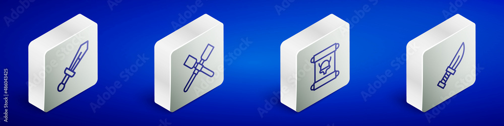 Set Isometric line Medieval sword, Oars paddles boat, Decree, parchment, scroll and Dagger icon. Vector Set Isometric line Medieval sword, Oars paddles boat, Decree, parchment, scroll and Dagger icon. Vector