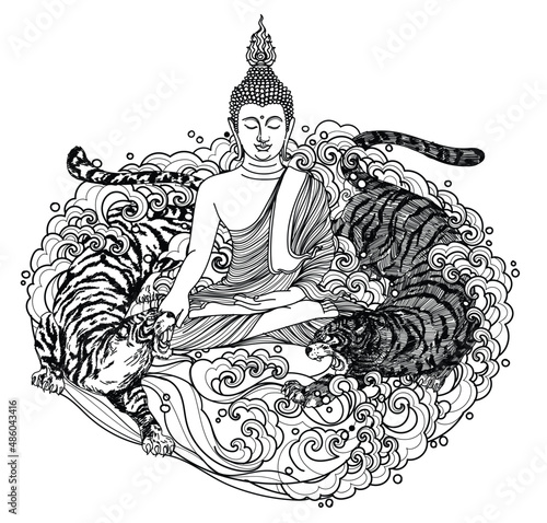 Tattoo art buddha thai design and tiger hand drawing and sketch