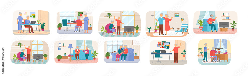 Set of illustrations about elderly people sitting at home with modern gadgets. Old characters, seniors mastering technology concept. Retired men and women spend time together with electronic devices