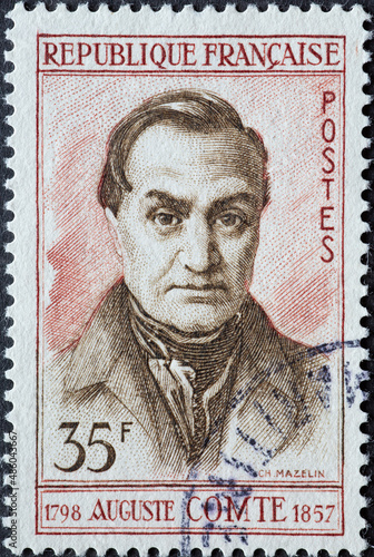 France - circa 1957: a postage stamp from France , showing a portrait of the philosopher Comte Auguste (1798-1857)