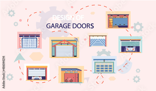 Garage with automatic gates inside house. Vehicle storage space, room for cars. Gates with lifting mechanism, place for automobile parking. Design of garage doors in modern residental building