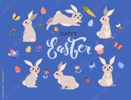 Happy easter. Spring set of beige rabbit, eggs, cakes, flowers, butterflies. Cute flat vector illustration on purple background.