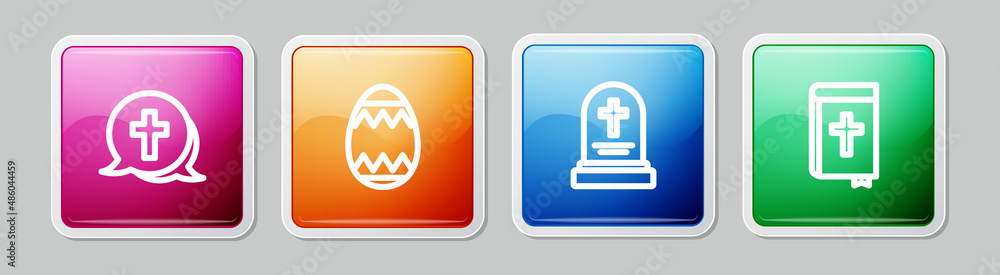 Set line Christian cross, Easter egg, Grave with tombstone and Holy bible book. Colorful square button. Vector Set line Christian cross, Easter egg, Grave with tombstone and Holy bible book. Colorful square button. Vector