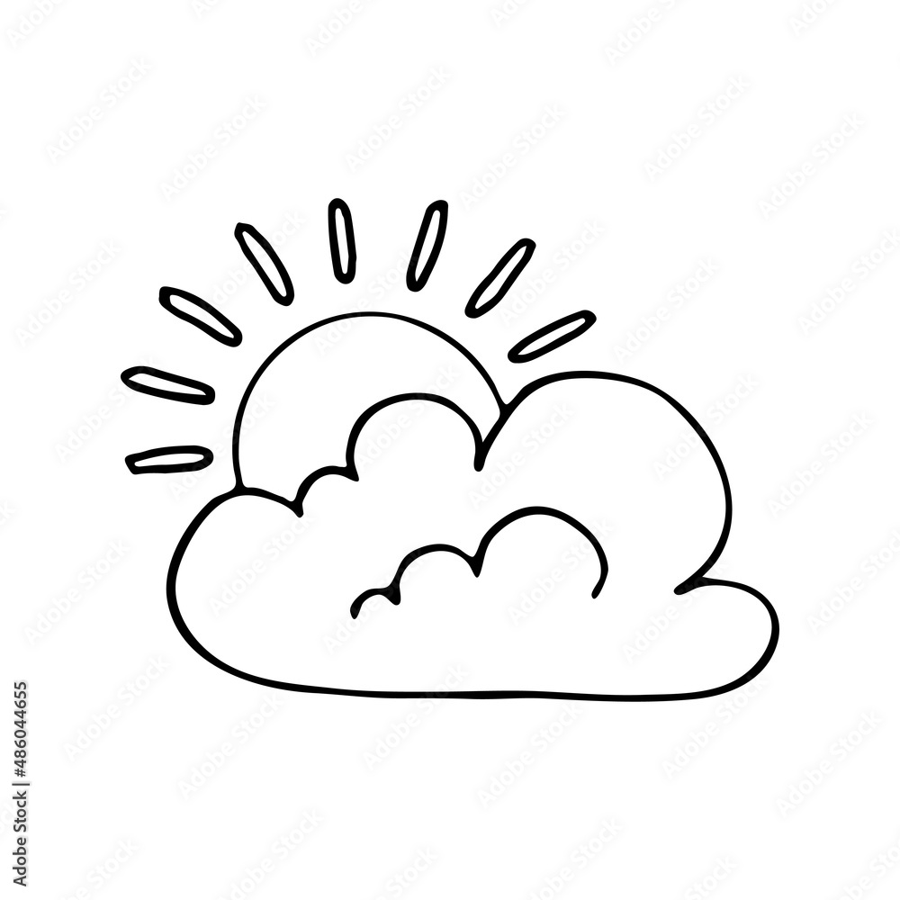 The weather is cloudy with sun. Vector doodle cloud. Hand drawn meteorological forecast symbols. Sunny thin line web design icon. The weather is cloudy with sun. Vector doodle cloud. Hand drawn meteorological forecast symbols. Sunny thin line web design icon.
