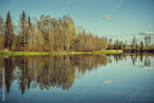 Forest and sky reflection on a calm lake in spring.