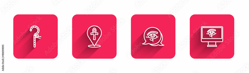 Set line Crook, Cross ankh, Eye of Horus and on monitor with long shadow. Red square button. Vector Set line Crook, Cross ankh, Eye of Horus and on monitor with long shadow. Red square button. Vector