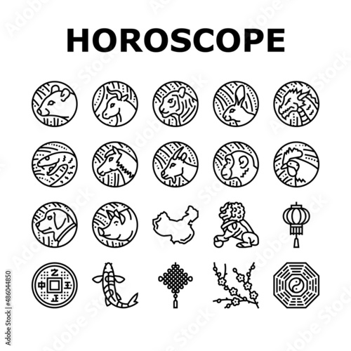 Chinese Horoscope And Accessory Icons Set Vector. Rabbit And Monkey, Goat And Snake, Dragon And Horse Chinese Horoscope Animal Line. Lantern And Plum Tree Branch Black Contour Illustrations