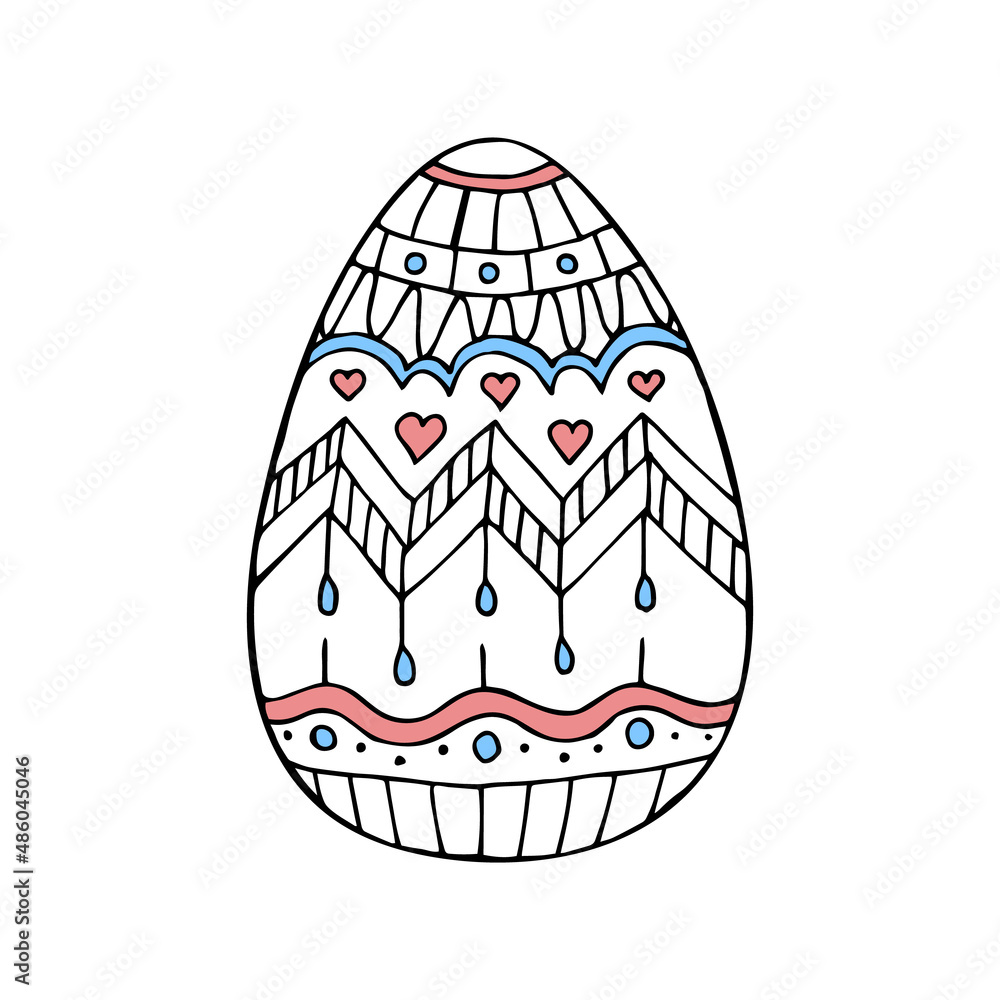 Hand drawn color doodle easter egg. Easter zentangle. Vector egg with ornament.