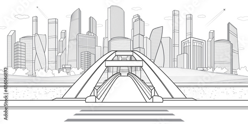 Black outlines urban illustration. Pedestrian bridge over the river. Modern business city at background. Infrastructure town. Vector design art