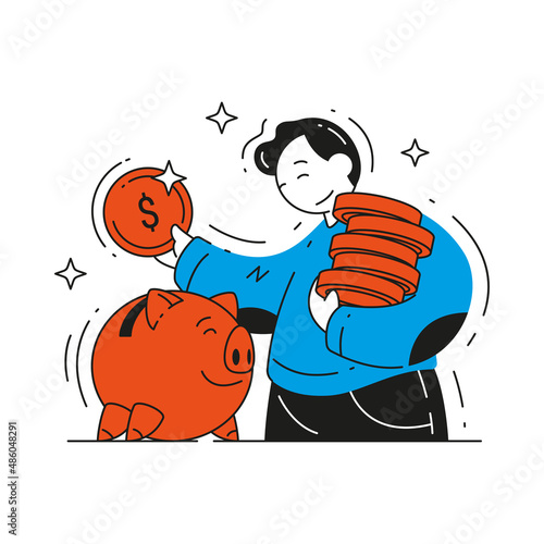 Business male dropping coins into slot of piggy bank deposit and savings concept vector flat illustration. Depositing money into banking account. Currency income finance management economy isolated