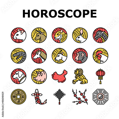 Chinese Horoscope And Accessory Icons Set Vector. Rabbit And Monkey, Goat And Snake, Dragon And Horse Chinese Horoscope Animal Line. Lantern And Plum Tree Branch Color Illustrations