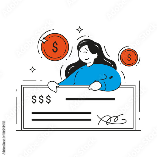 Happy woman with salary paycheck legal deal agreement signature vector flat illustration. Female holding financial banking payment document income wealth isolated. Receive pay wage