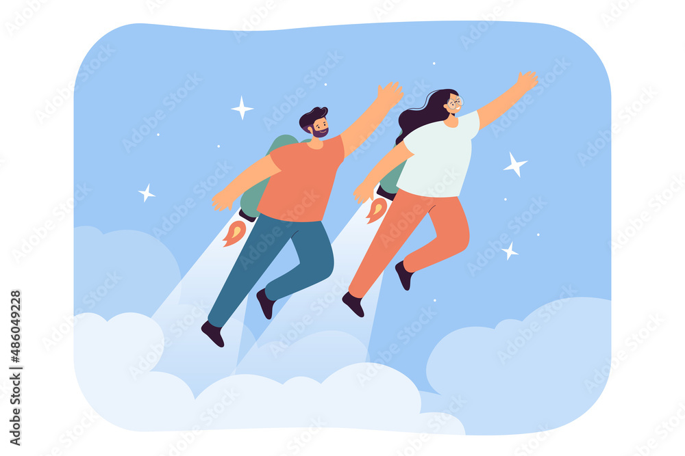 Cartoon couple with jet packs or boosters up in sky. Man and woman flying fast with rockets, power or energy metaphor flat vector illustration. Business growth, career boost concept for banner Cartoon couple with jet packs or boosters up in sky. Man and woman flying fast with rockets, power or energy metaphor flat vector illustration. Business growth, career boost concept for banner