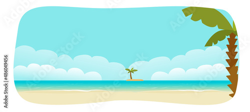 Resort luxury sea beach with island view as travel holiday banner vector or summer ocean coastline nature landscape background for exotic paradise trip flat cartoon illustration copy space