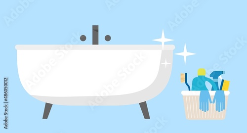 Cleaning bath at home. Washing bathtub. Housework, spring cleaning concept