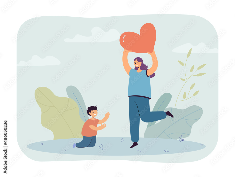 Little cartoon boy reaching for mother holding big heart. Woman playing with or taking care of son flat vector illustration. Family, love, relationship, childhood concept for banner, landing web page Little cartoon boy reaching for mother holding big heart. Woman playing with or taking care of son flat vector illustration. Family, love, relationship, childhood concept for banner, landing web page