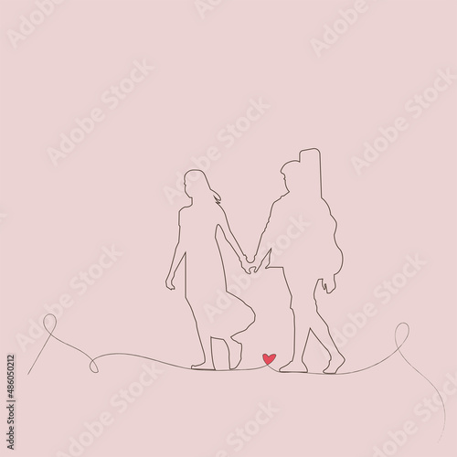 A couple in love walks along a path. Lineart for Valentine's Day. The guy holds his beloved's hand.