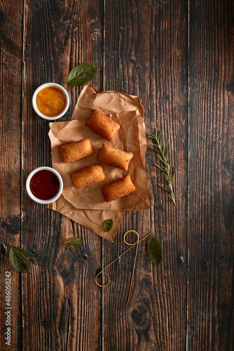 Table wood Top view Coxinha, Pastel, Croquete, Delicioso Food, Brazilian Street Food