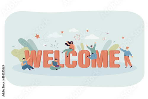 Team of tiny happy office people with huge welcome word. Poster with message for new worker on green background flat vector illustration. Celebration, work concept for banner or website design
