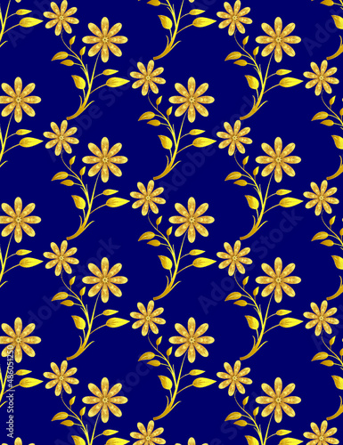 Pattern vector of decorative golden flowers on solid blue color