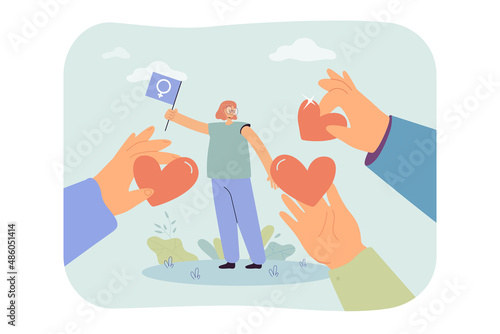 Men giving hearts to angry woman holding flag with female symbol. Feminist or lesbian rejecting compliments flat vector illustration. Feminism, LGBT community, love concept for banner, website design
