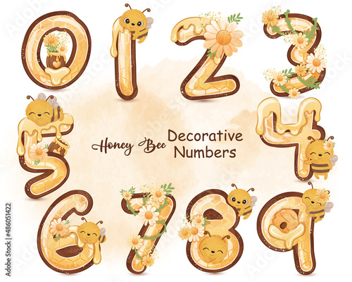 Cute Honey Bee and Flowers Decorative Numbers
