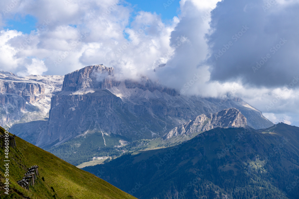 Great mountain view of Sella Group in the clouds. Dolomites.