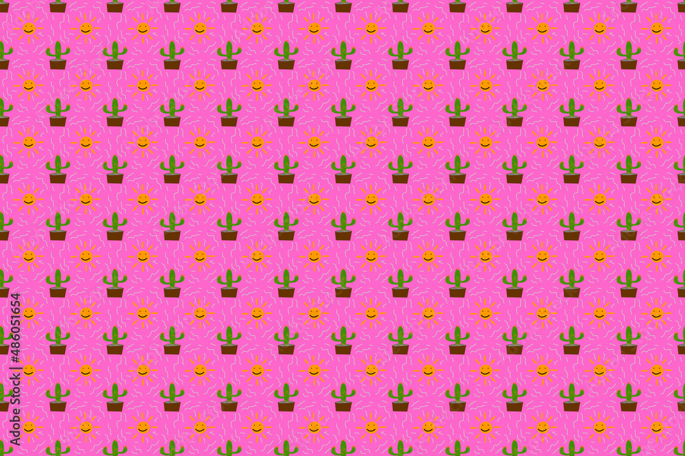 Cactus pattern wallpaper with sun seamless, pink background