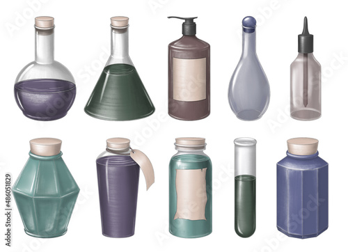 Set of glass bottles for cosmetics, potions and medicines.