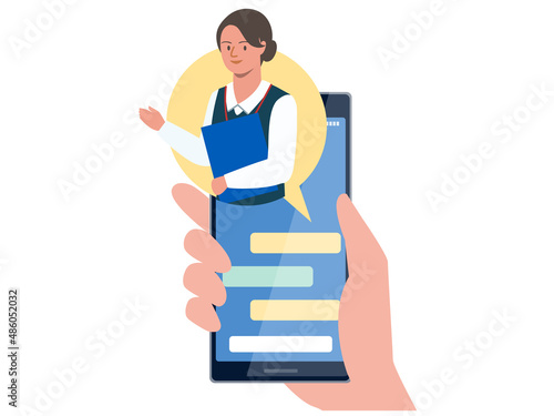 スマホのチャットで案内をする女性スタッフのベクターイラスト