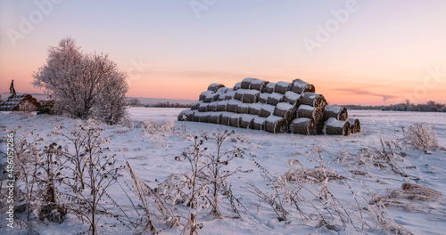 haystacks, winter landscape in the morning 