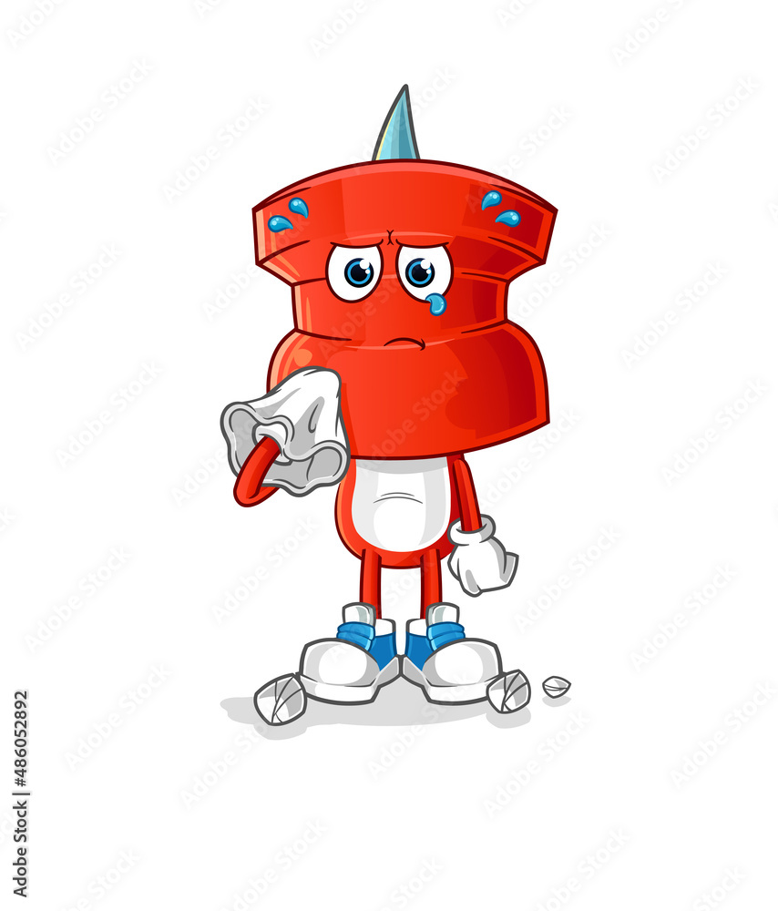 Obraz premium push pin head cartoon cry with a tissue. cartoon mascot vector