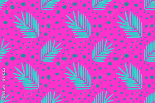 Seamless light blue leaf pattern, cute pattern on pink background, fern leaves, herbs, forests, plants, elegant soft woven fabric, backdrop wrapping paper.