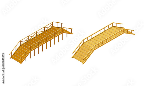 Curved Wooden Bridge with Balustrade Railing Vector Set